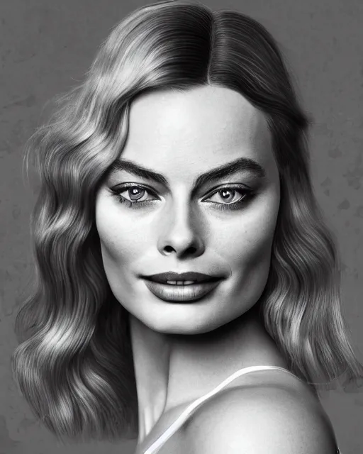 Prompt: Beautiful Head and shoulders portrait of margot robbie with straight long blonde hair, wearing a camisole by alberto Vargas, arney freytag, artstation, fashion photoshoot, urban jungle, fashion pose, octane, 4k