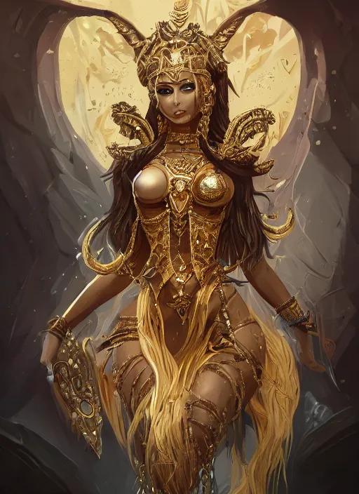 Prompt: a highly detailed illustration of tanned goddess ereshkigal wearing gold and black dress with skull jewelry, intricate, elegant, highly detailed, centered, digital painting, artstation, concept art, smooth, sharp focus, league of legends concept art, wlop