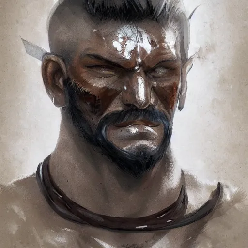 Image similar to portrait old barbarian warrior with trucker mustache and short hair, 8 k, trending on art station, by tooth wu and greg rutkowski