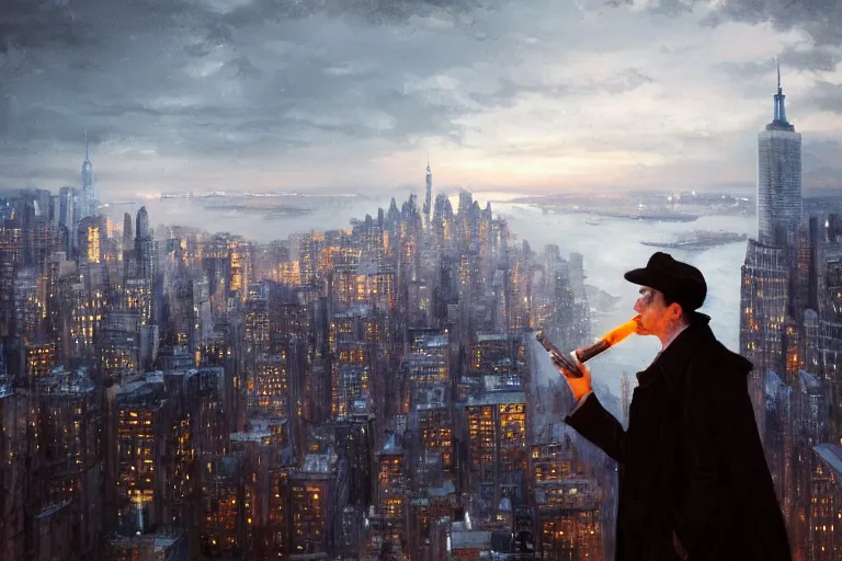 Image similar to stunningly mysterious, detective wearing a trench coat in profile smoking a glowing tobacco pipe on a perch facing the city at night, smooth, focus, highly detailed, hyper realistic, dramatic lighting, intricate, concept art, new york skyline, looking down, art by wlop, greg rutowski, artstation