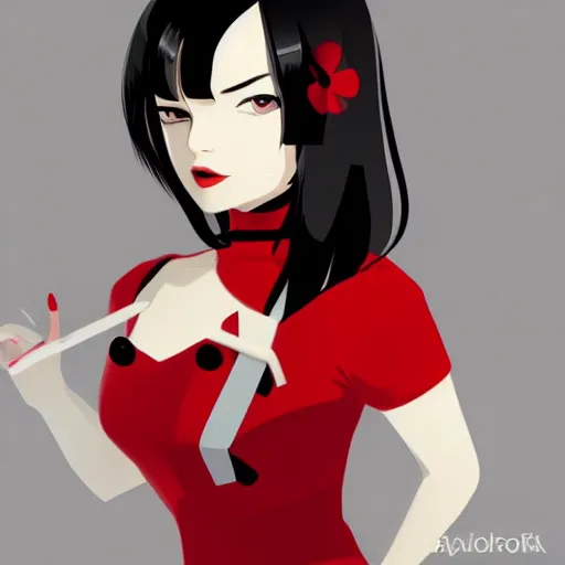 Prompt: a woman with black hair and a red and white background, vector art by Ilya Kuvshinov, featured on deviantart, shock art, ilya kuvshinov, official art, anime