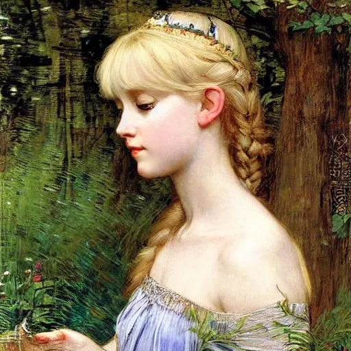 Image similar to portrait of a blue eyed, blonde haired crowned queen of summer with light elvish overtones and a forest background by John WIlliam Waterhouse