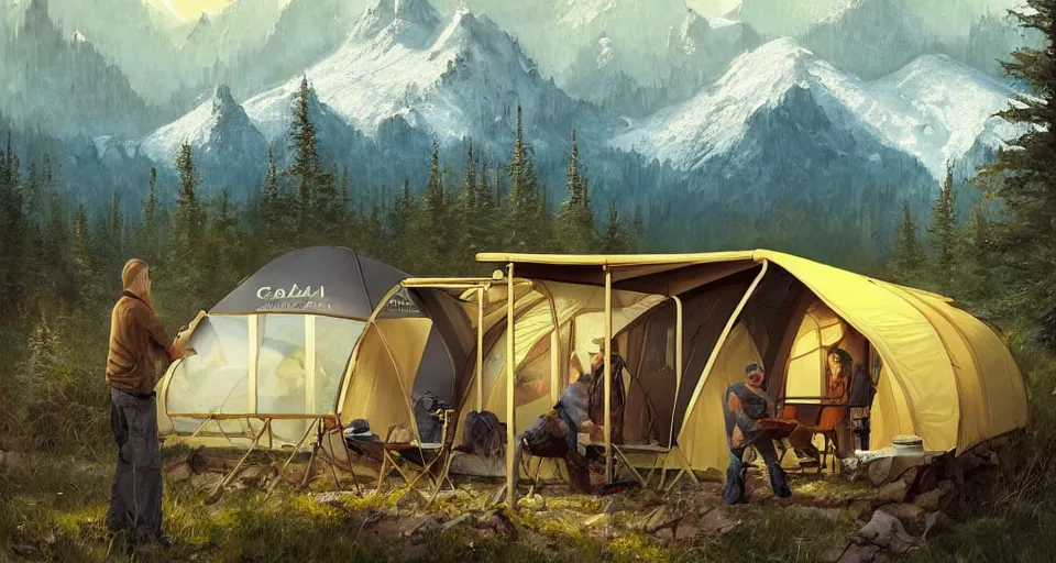 Image similar to cabela's beautiful comfortable carbon framed, modular insulated wall portable container home kit - house all weather family dwelling tent house, person in foreground, mountainous forested wilderness open fields, beautiful views, painterly concept art, environmental concept art, concept art illustration, by james gurney, by craig mullins, by greg rutkowski trending on artstation