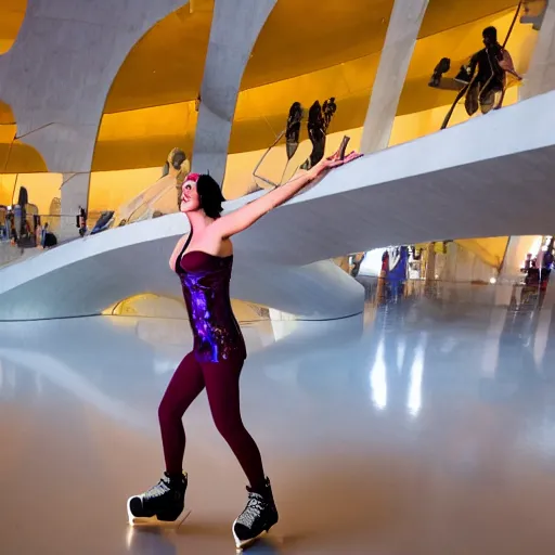 Prompt: Katy Perry rollerblading in the Guggenheim rotunda, studio lighting