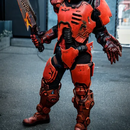 Image similar to doom slayer from doom eternal cosplay, photography, 9 0 s