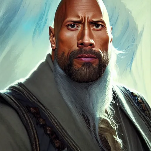 Image similar to Dwayne Johnson as Albus Dumbledore, western, D&D, fantasy, intricate, elegant, highly detailed, digital painting, artstation, concept art, matte, sharp focus, illustration, art by Artgerm and Greg Rutkowski and Alphonse Mucha