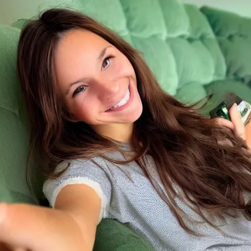 Image similar to Selfie photograph of a cute young woman smiling, long shiny bronze brown hair, full round face, emerald green eyes, medium skin tone, light cute freckles, smiling softly, wearing casual clothing, relaxing on a modern couch, interior lighting, cozy living room background, close-up shot, trending on instagram