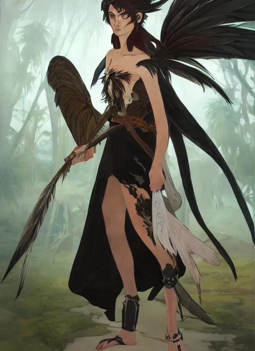 Image similar to concept art painting of a harpy with black feathers, androgynous, pirate clothes, detailed, realistic, cel shaded, in the style of makoto shinkai and james gurney and alphonse mucha and greg rutkowski and artgerm