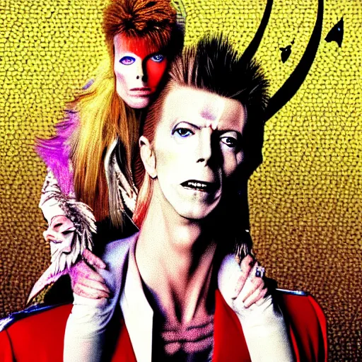 Prompt: david bowie from labyrinth getting a piggy back ride from ziggy stardust, digital art, glam rock. pop art background.