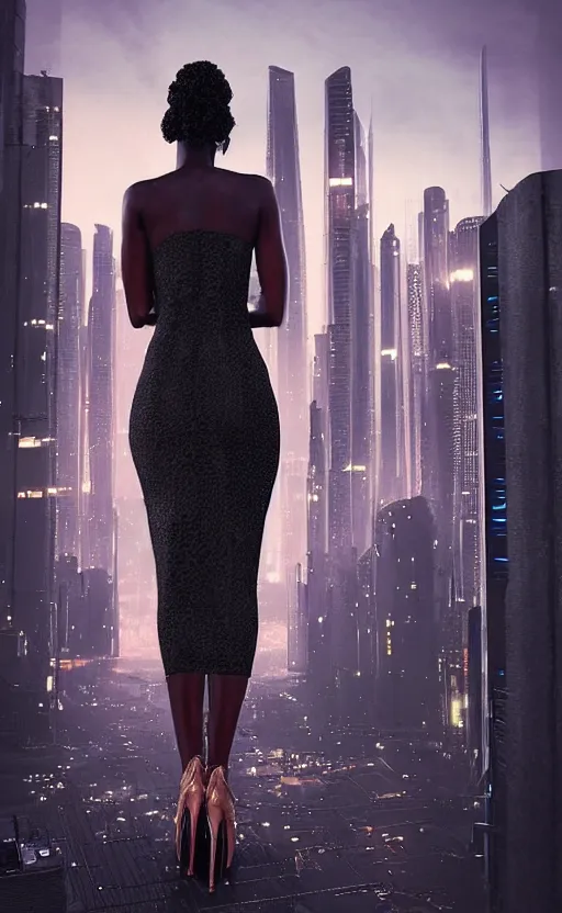 Image similar to “elegant Black woman in dress and heels with her back to us, looking at a futuristic Blade Runner city” 8K