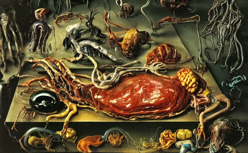 Image similar to strange cronenberg body, disturbing colorful oil painting dutch golden age vanitas still life sparse composition with bizarre objects strange gooey transparent surfaces shiny metal reflections bizarre mutant meat insects rachel ruysch dali todd schorr very detailed perfect composition rule of thirds masterpiece canon 5 0 mm, cinematic lighting, photography, retro, film, kodachrome