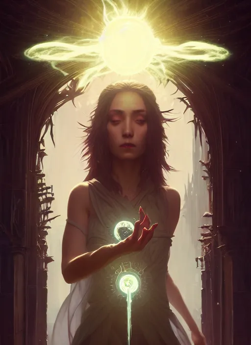 Image similar to highly detailed vfx portrait of a sorceress casting a spell of light and darkness, unreal engine, greg rutkowski, only, once, beeple, makoto shinkai and louis van baerle, ilya kuvshinov, rossdraws, tom bagshaw, alphonse mucha, global lighting, detailed and complex environment