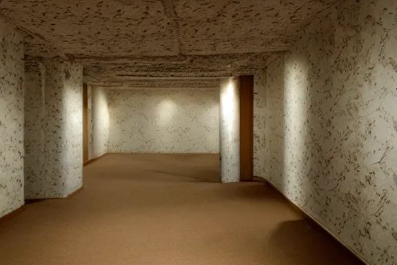 Prompt: an endless space of empty intertwining rooms with old yellowed wallpaper from the 1970s and beige carpet lit by tungsten lights