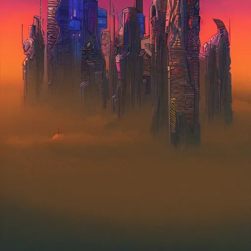 Prompt: moebius, Jean Giraud, cyberpunk, landscape, city, epic, artstation, dusk