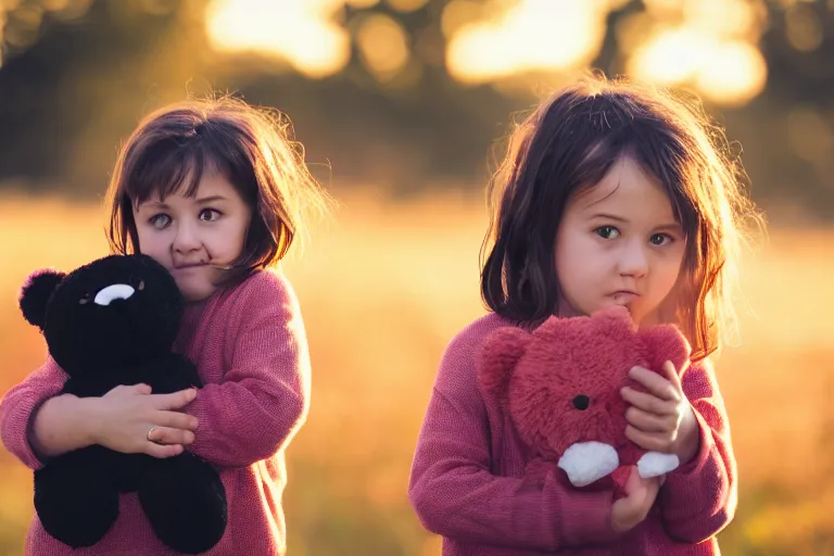 Image similar to canon, 30mm, bokeh, girl holding a teddy bear, snuggly, black hair, sunset, contrejour