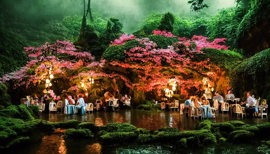 Prompt: 35mm film still of a very surreal magical European castle cafe in a lush waterfall garden, falling cherry blossoms pedals, in the style of Gucci, James Jean and Wes Anderson glowing lights and floating lanterns, foggy atmosphere, rainy, moody, muted colors, magic details, very detailed, 8k, cinematic look