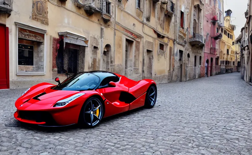 Image similar to a red laferrari in italy streets, photo grammy