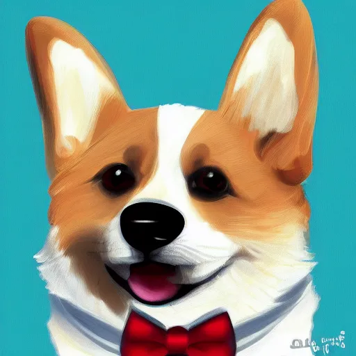 Prompt: A cute corgi wearing a bow tie, digital painting