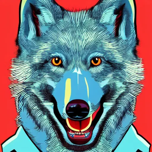 Prompt: portrait of retarded wolf, funny, squint eyes, rabies, propaganda style, vivid colors, poster style, bad art