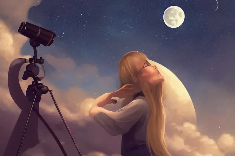 Image similar to an astronomy teacher looking up on a telescope, moon, clear skies, starry skies by Charlie Bowater