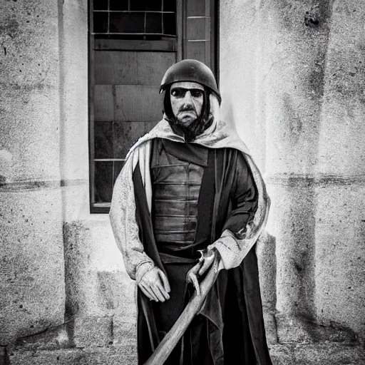 Prompt: medieval protester photo black and white wide angle lenses