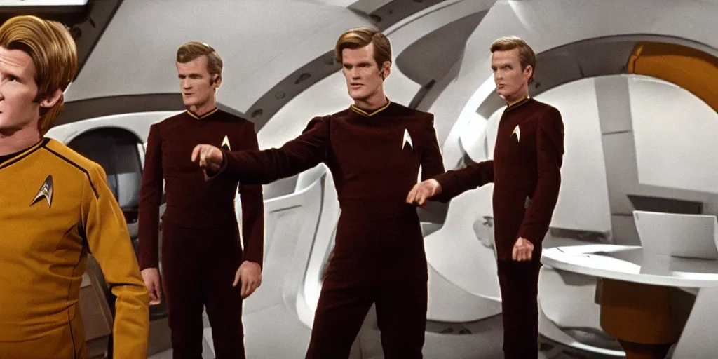 Prompt: Matt Smith as Doctor Who, in Starfleet uniform, in the role of Captain Kirk in a scene from Star Trek the original series