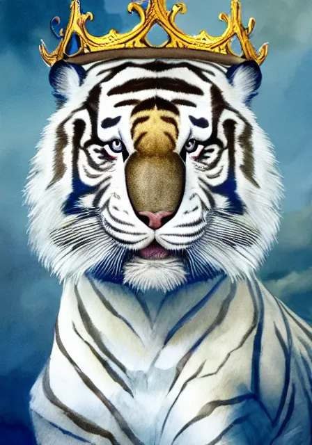 Prompt: furry art, watercolor of a white tiger king with gold crown and blue king suit, concept art, portrait, super detailed, 4 k hd, trending on artstation, deviantart, octane render, cry engine, unreal engine 8 k, cycles x, digital painted, low contrast, made by greg rutkowski and viktoria gavrilenko