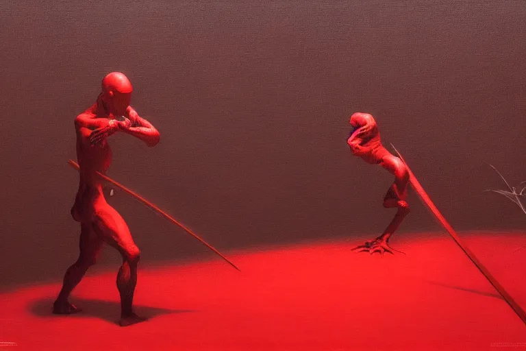 Image similar to only with red, a red samurai do seppuku, tokio, a lot of frogs watch, in the style of beksinski, parts by edward hopper, parts by rodcenko, parts by yue minjun, intricate and epic composition, red by caravaggio, insanely quality, highly detailed, masterpiece, red light, artstation, 4 k