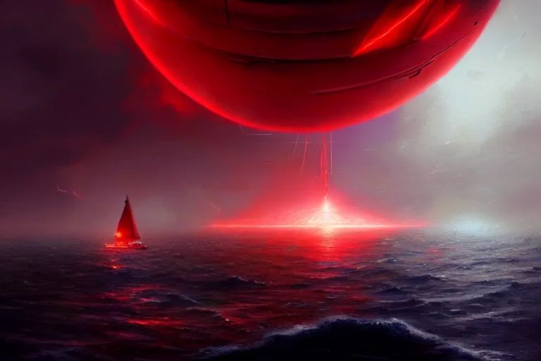 Image similar to A beautiful matte painting of huge spherical alien spaceship attacking with powerful red lasers a Sailship in ocean in thunderstorm, by greg rutkowski, trending on artstation, concept art