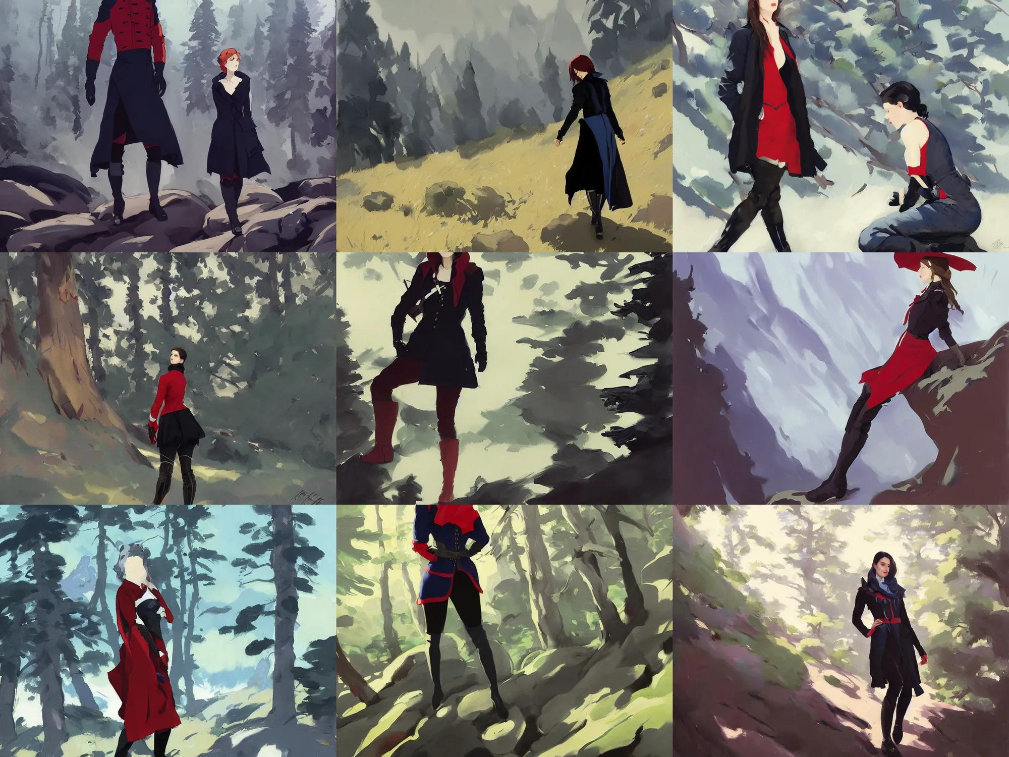 Prompt: black red blue white cloth fabric jodhpurs knee high boots travel coat fashion, solo hiking in mountains trees, greg manchess painting by sargent and leyendecker, studio ghibli, fantasy, asymmetrical, intricate, elegant, matte painting, illustration, hearthstone, by greg rutkowski, by greg tocchini, by james gilleard, by joe fenton