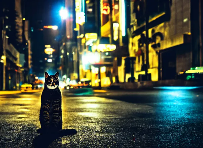 Image similar to photography of a Cat sitting on a box. in a cyberpunk street, award winning photo, led lighting, night, 24mm, sharp, high res