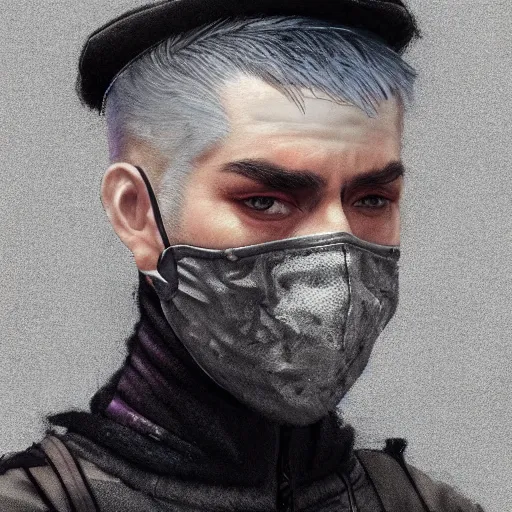 Image similar to very cool man grey hair with piercing, face mask, 3 d, streetwear, techwear, cyberpunk style outfit, full body, realosm, detailed portrait, intricate complexity, by greg rutkowski, cushart krentz, artgerm, ross tran, conrad roset, takato yomamoto, ilya kuvshinov. 4 k, cinematic, atmosphere