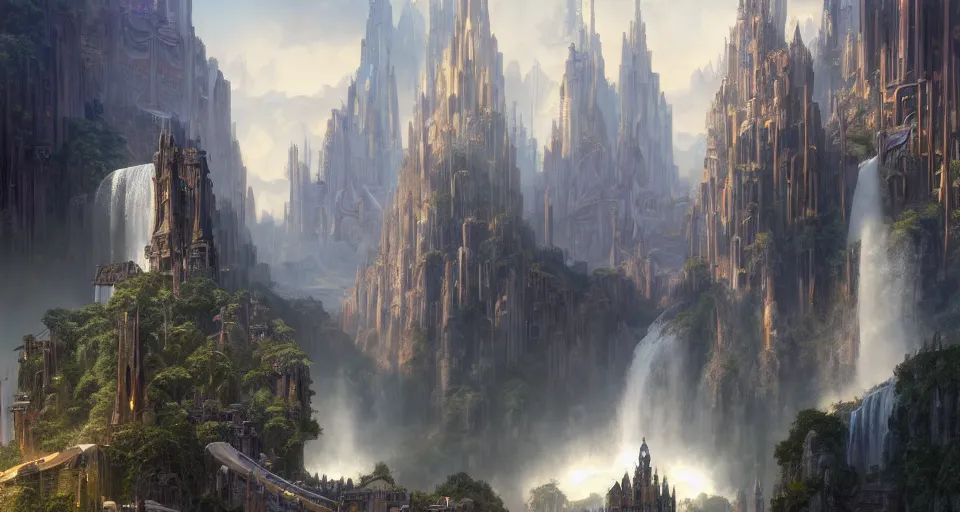 Prompt: a matte painting of beautiful religious scifi city, with waterfalls, 8 k, cinematic lighting, hd, atmospheric, hyperdetailed, trending on artstation, devainart, digital painting, glow effect intricate digital painting artstation concept art smooth sharp focus illustration, art by artgerm and paul chadeisson and greg rutkowski, sung choi and alphonse mucha