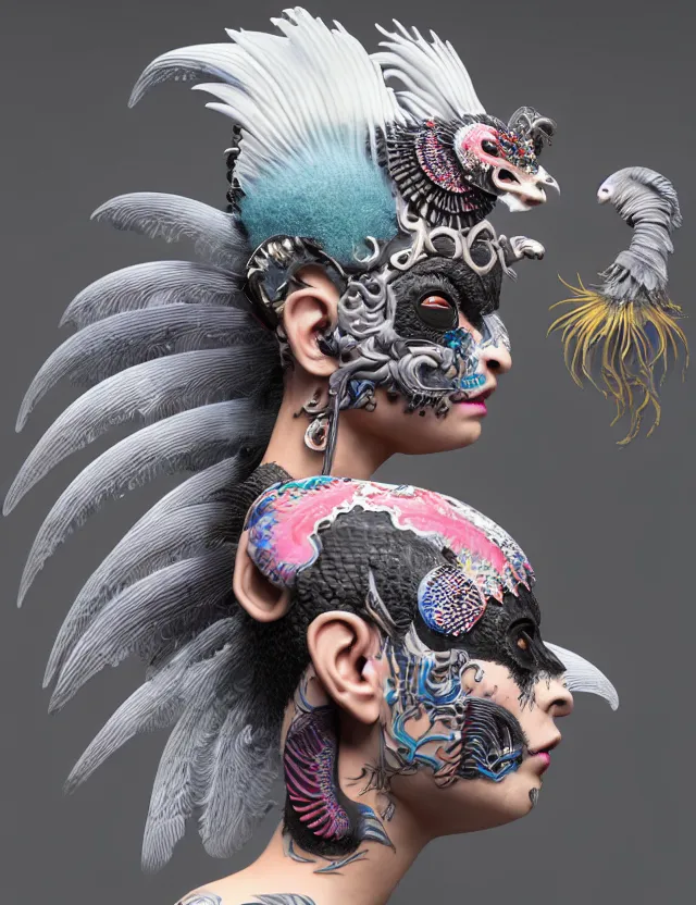 Image similar to 3 d goddess close - up profile portrait punk with mohawk with ram skull. beautiful intricately detailed japanese crow kitsune mask and clasical japanese kimono. betta fish, jellyfish phoenix, bio luminescent, plasma, ice, water, wind, creature, artwork by tooth wu and wlop and beeple and greg rutkowski