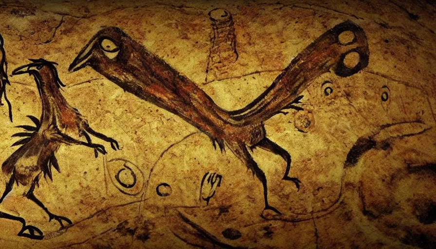 Image similar to neolithic cave painting of one eyed creatures called patapons fighting a giant bird, 4 k, history channel, psp, japan studio game, art by rolito, high quality