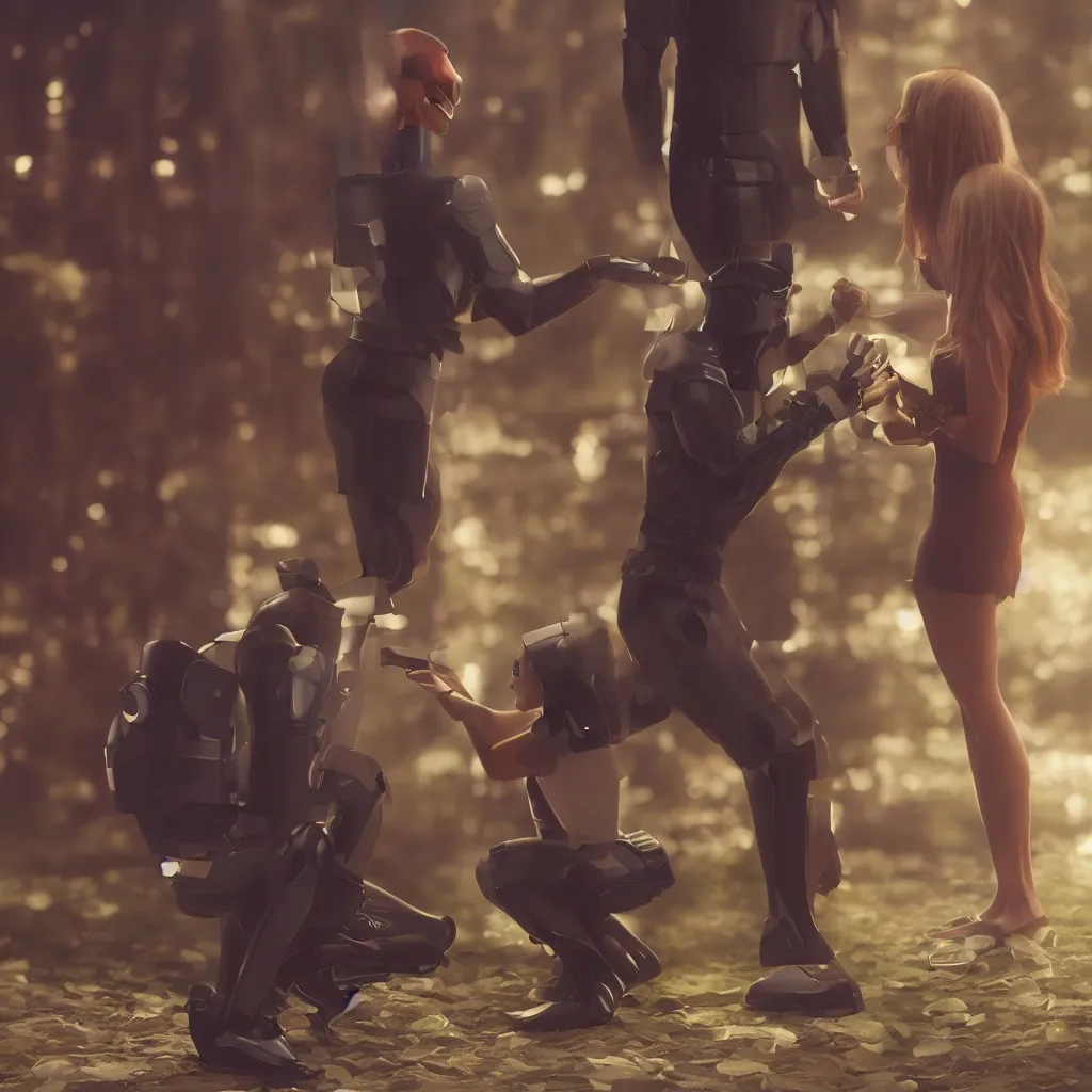 Prompt: male android proposing to female android, photo realistic image, 4K, super detailed, cinematic look