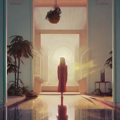 Image similar to indoor liminal space, golden light, greg rutkowski, palm trees, pink door, minimalistic, hyperrealistic surrealism, award winning masterpiece with incredible details, epic stunning, infinity pool mirrors, a surreal vaporwave liminal space with mirrors, highly detailed, trending on artstation, artgerm and greg rutkowski and alphonse mucha, daily deviation