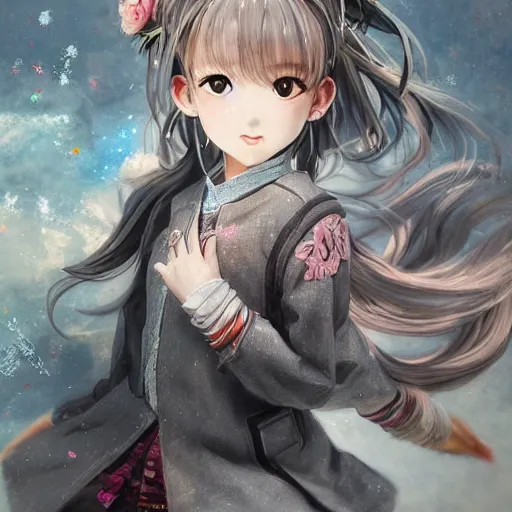 Image similar to dynamic composition, motion, ultra-detailed, incredibly detailed, a lot of details, amazing fine details and brush strokes, colorful and grayish palette, smooth, HD semirealistic anime CG concept art digital painting, watercolor oil painting of a young C-Pop idol girl, by a Chinese artist at ArtStation, by Huang Guangjian, Fenghua Zhong, Ruan Jia, Xin Jin and Wei Chang. Realistic artwork of a Chinese videogame, gradients, gentle an harmonic grayish colors.