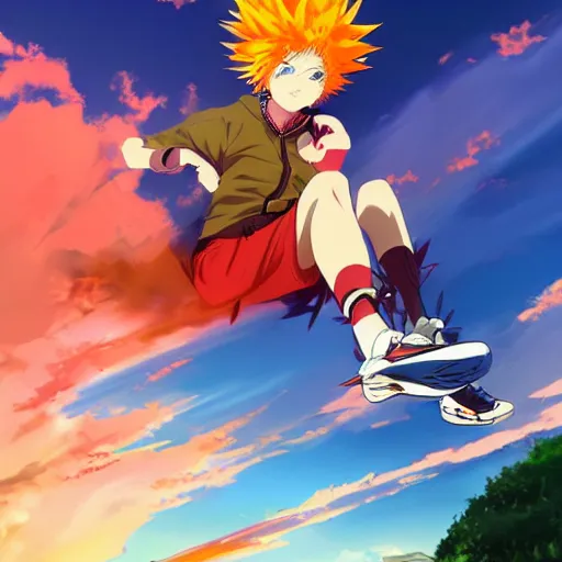 Image similar to orange - haired anime boy, 1 7 - year - old anime boy with wild spiky hair, wearing red jacket, flying through sky, ultra - high jump, late evening, blue hour, cirrus clouds, pearly sky, ultra - realistic, sharp details, subsurface scattering, blue sunshine, intricate details, hd anime, 2 0 1 9 anime