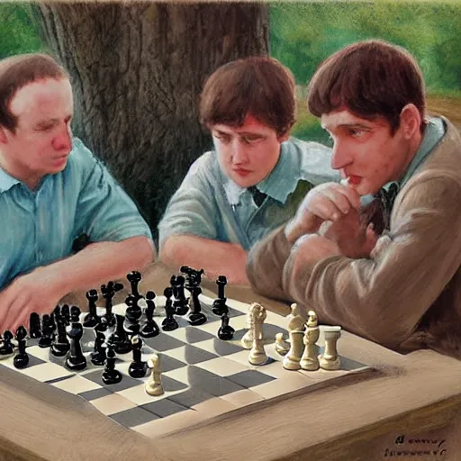 Image similar to studious toads playing chess by James Gurney.