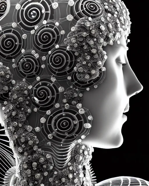 Image similar to mythical dreamy black and white organic bio - mechanical spinal ribbed profile face portrait detail of translucent steampunk beautiful female angelic - human - queen - vegetal - cyborg, highly detailed, intricate crystal ivy jelly ornate, poetic, translucent roses ornate, 3 d render, digital art, octane render, 8 k artistic photography, photo - realistic, by dora maar