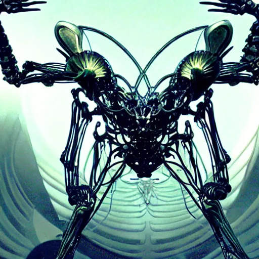 Image similar to still frame from Prometheus movie by Makoto Aida, flying biomechanical angel gynoid by giger, mimicking devil's flower mantis, metal couture by neri oxmn and Guo pei, flying angel editorial by Malczewski and by Caravaggio