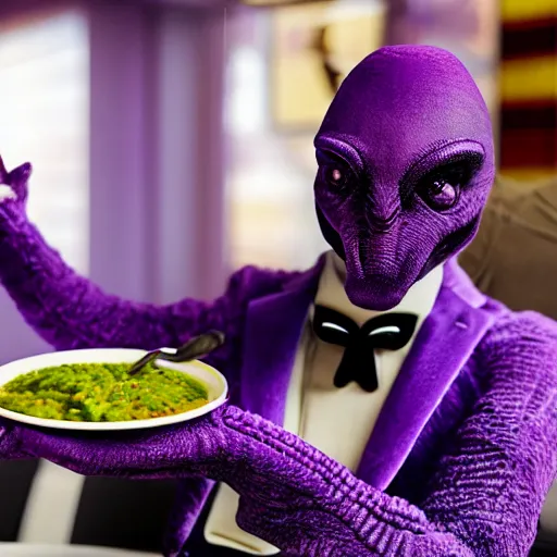 Image similar to a modernized alien in a purple three - piece suit made of velvet, he is enjoying a bowl of split pea and mushroom soup at a 5 - star restaurant in the bronx, photorealistic, highly detailed, photography, refined spontaneity