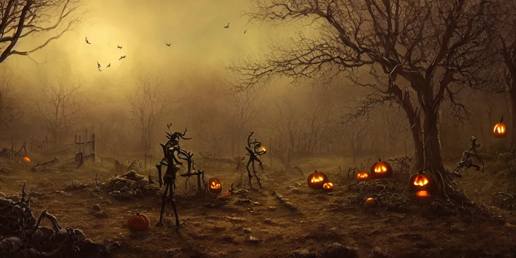 Image similar to a halloween landscape with a few skeletons two ghosts and one witch around in november, by Ernest deutsch + Ted Nasmith, cinematic lighting, masterpiece, highly detailed, 8k resolution, trending on art station