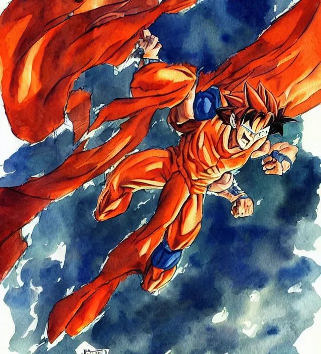 Image similar to a 3 / 4 view watercolor ink painting of goku as a superhero in the style of jean giraud in the style of moebius trending on artstation deviantart pinterest detailed realistic hd 8 k high resolution