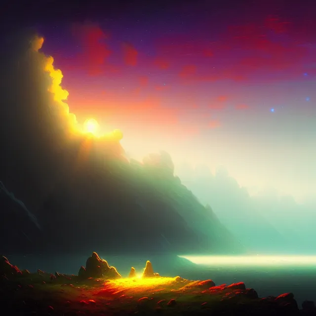 Image similar to very closeup view of the human eye, volumetric lighting, colorful, sharp and focus, ultra detailed, beautifully lit landscape, astrophotography, in the art style of dan mumford, ivan aivazovsky and marc simonetti