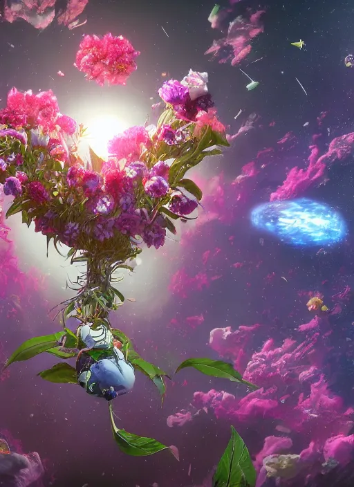 Image similar to An epic fantastic realism comic book style painting of the most beautiful flowers launched into space, bouquets, fisheye lens, unreal 5, DAZ, hyperrealistic, octane render, dynamic lighting