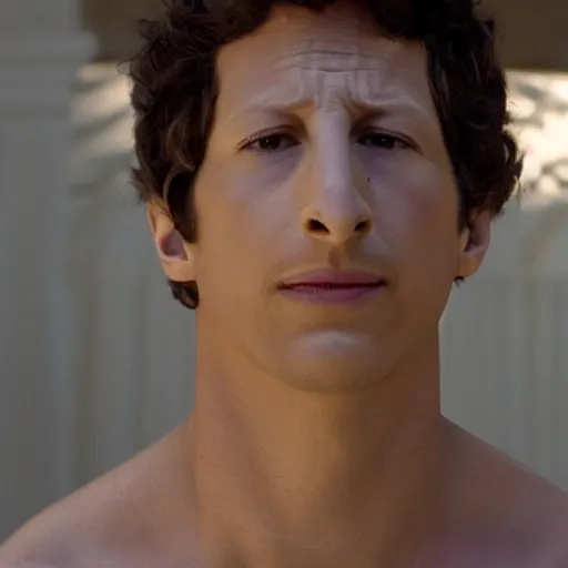 Image similar to perfect shot of detailed face and realistic eyes of andy samberg as an ascetic monk meditating