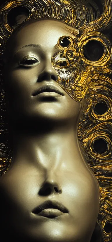 Prompt: epic, abstract sculpture of beautiful female face and black swirling liquifying acrylic portrait, fluffy clouds, golden hour, beautiful light, 3 d sculpture of carving marble, dark colors, dark mood, one point lightning, golden spirals, epic matte painting, concept art