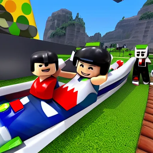 Prompt: photograph of a group of roblox avatars bobsledding in the olympics